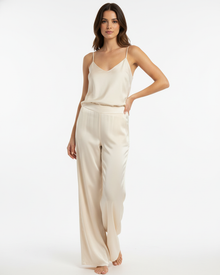 Pantalone lungo a gamba dritta in viscosa con vita elasticizzata sul retro