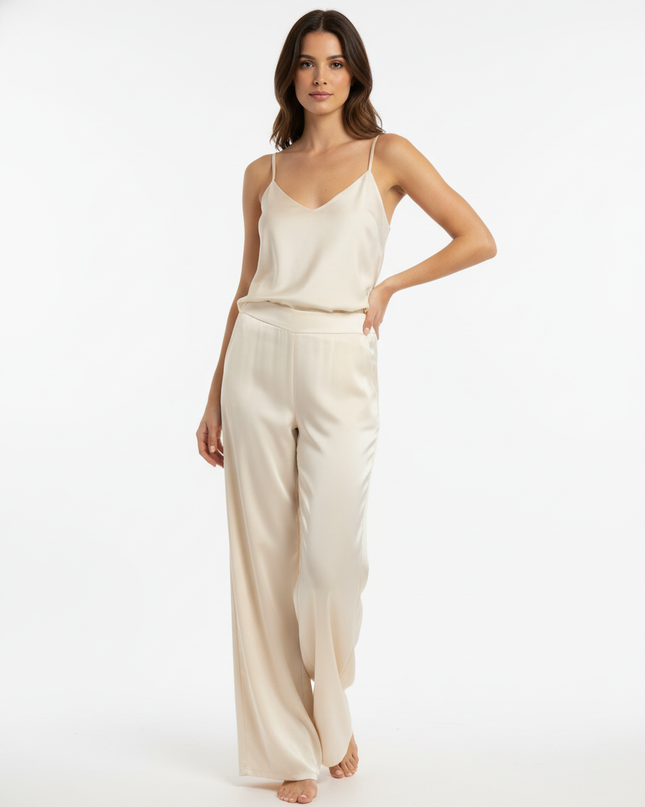 Pantalone lungo a gamba dritta in viscosa con vita elasticizzata sul retro