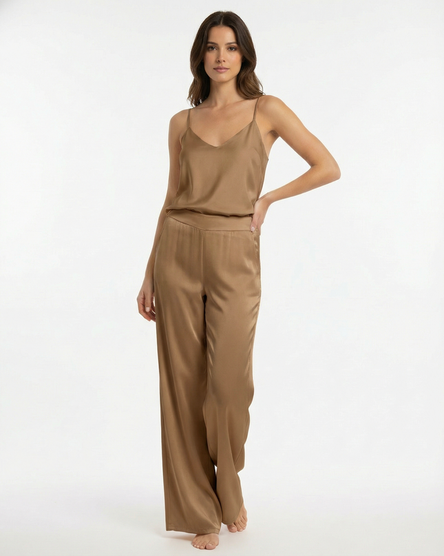 Pantalone lungo a gamba dritta in viscosa con vita elasticizzata sul retro