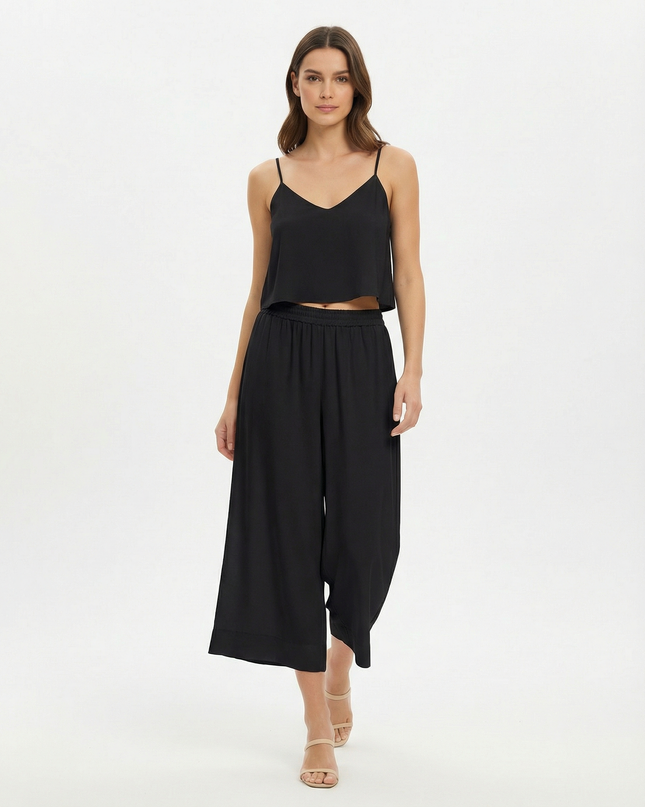 Pantalone capri a gamba larga in lyocell con vita elasticizzata