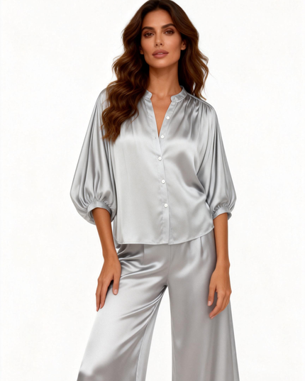 Camicia a manica 3/4 fluida in viscosa con scollo a V