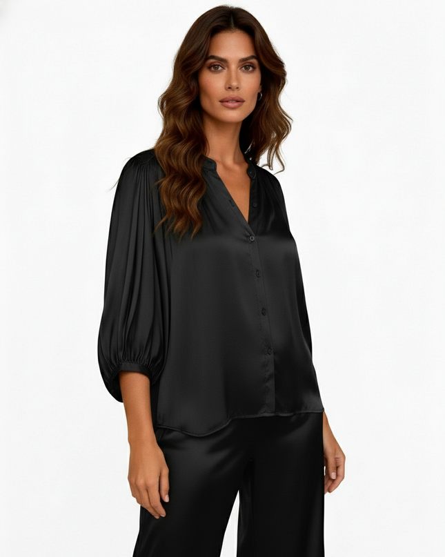 Camicia a manica 3/4 fluida in viscosa con scollo a V