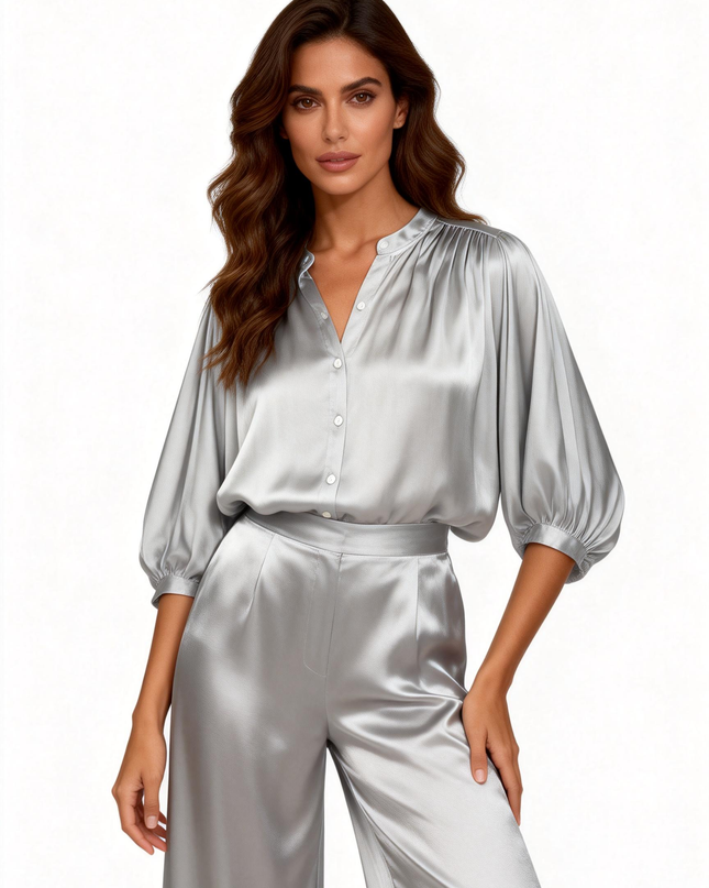 Camicia a manica 3/4 fluida in viscosa con scollo a V