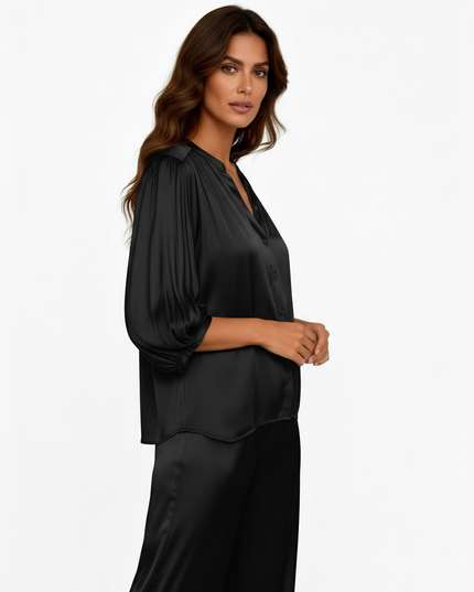 Camicia a manica 3/4 fluida in viscosa con scollo a V
