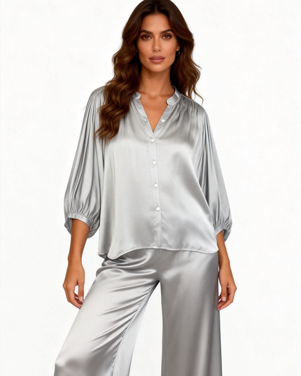 Camicia a manica 3/4 fluida in viscosa con scollo a V