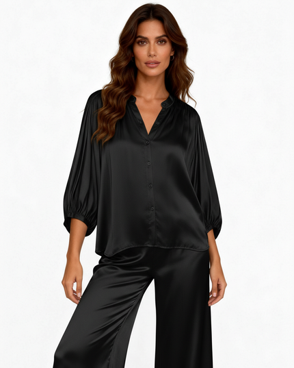 Camicia a manica 3/4 fluida in viscosa con scollo a V