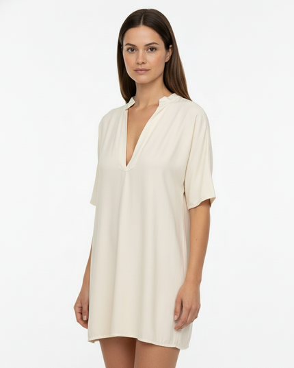 长款缎面束腰上衣，立领V领