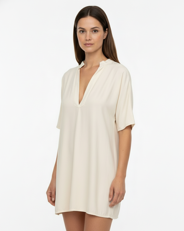Abito camicia corto in lyocell a manica corta con scollo a V