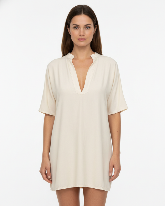 Abito camicia corto in lyocell a manica corta con scollo a V