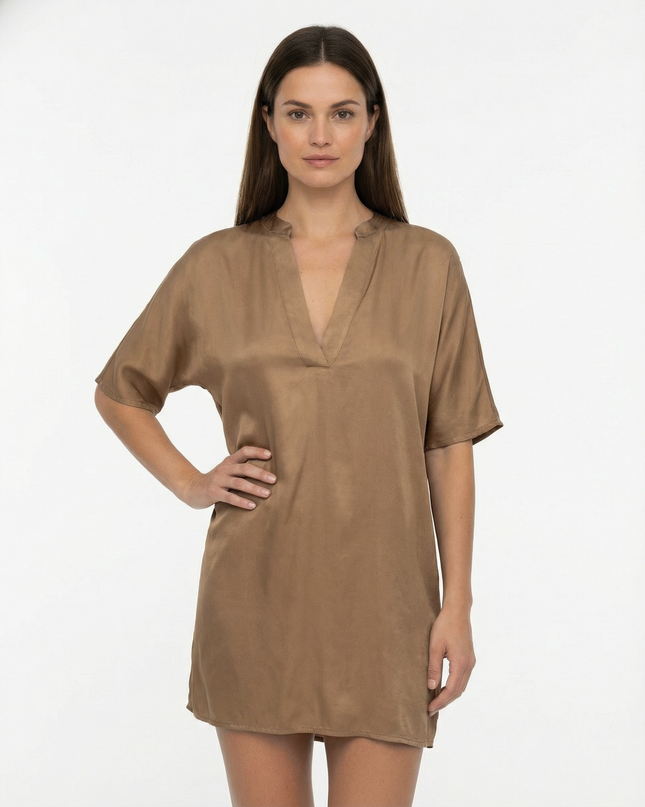 Abito camicia corto in lyocell a manica corta con scollo a V