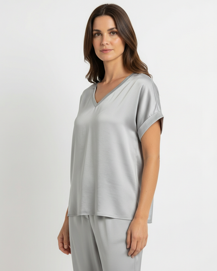T-Shirt a manica corta fluida in viscosa con scollo a V