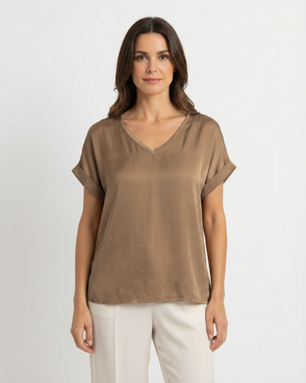 T-Shirt a manica corta fluida in viscosa con scollo a V