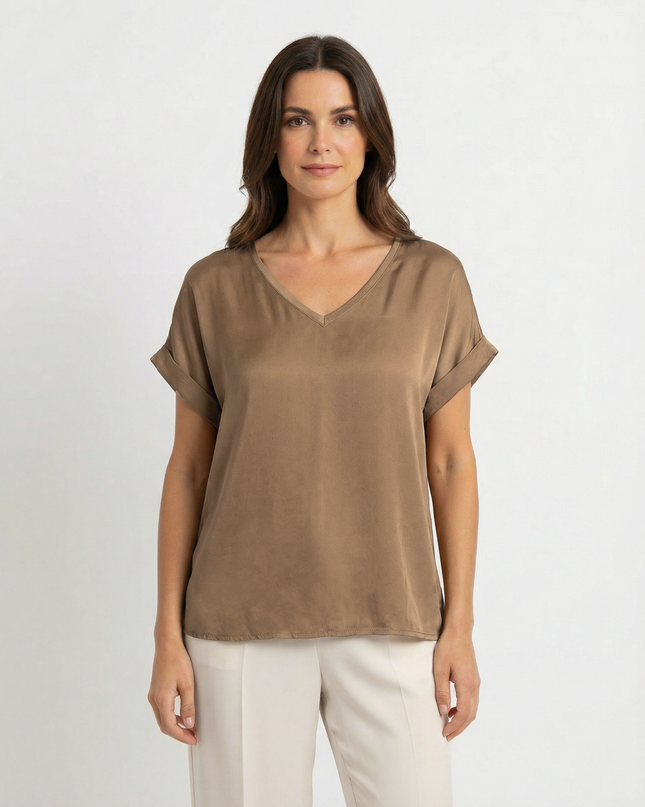 T-Shirt a manica corta fluida in viscosa con scollo a V