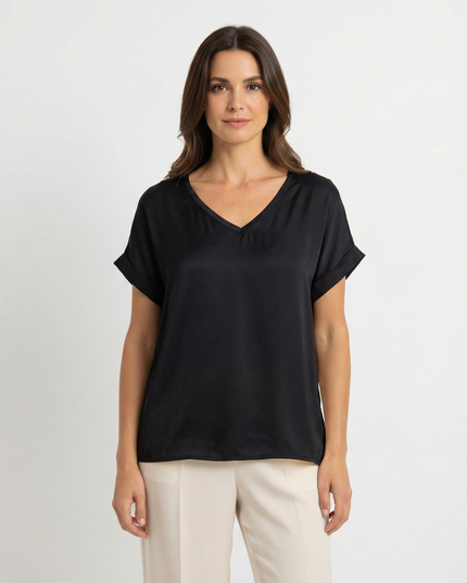 T-Shirt a manica corta fluida in viscosa con scollo a V